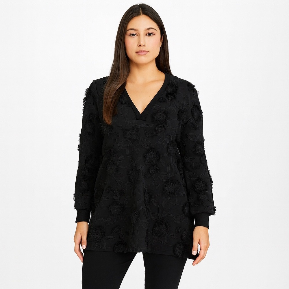 Pearl by Lela Rose Women's Size Small Embroidered Jersey V-Neck Tunic Top Black